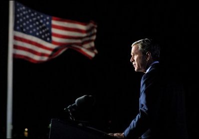 After a day of memorials and tributes, President Bush reflects on the past year in an address to the nation from Ellis Island in New York City, September 11, 2002.