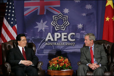 President George W. Bush and President Hu Jintao of the People’s Republic of China meet Thursday, Sept. 6, 2007, in Sydney. Among the topics discussed were climate change and economic relations. Said President Bush, “It was a constructive and cordial conversation.”