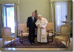  After attending the G-8 Summit in Genoa, President Bush traveled to Rome to meet His Holiness Pope John Paul II July 23, 2001. In addition to posing for photos, the two leaders took a short walk together and talked privately. White House photo by Eric Draper.