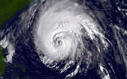 Larger view of powerful Hurricane Isabel at the doorstep of the USA mainland taken on Sept. 17, 2003, at 9:15 a.m. NOAA image