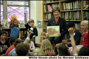 Mrs. Bush visiting and reading to children. White House photo by Moreen Ishikawa.