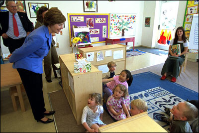 Laura Bush visits the International School of Prague, May 22, 2002. White House photo by Susan Sterner