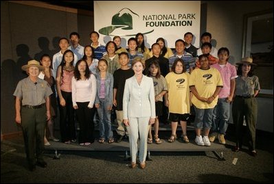 Laura Bush poses for a photo at the Junior Ranger swearing-in ceremony, July 27, 2005, at the Minnesota Science Museum in St. Paul, Minnesota.