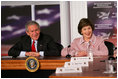 President George W. Bush and Mrs. Laura Bush participate in panel on American competitiveness Friday, Feb. 3, 2006, during a visit to Intel Corporation in Rio Rancho, N.M.