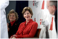 Laura Bush sits with Lois Ingland, a heart disease survivor, during an event at the Carolinas Medical Center Wednesday, Feb. 15, 2006, in Charlotte, NC. Despite having none of the risk factors of heart disease, Lois, a mother of four, suffered a heart attack when she was 36 years old.