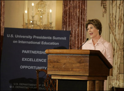 Laura Bush delivers remarks during the U.S. University Presidents Summit on International Education at the U.S. State Department Friday, Jan. 6, 2006.