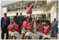 A children's dance troupe greets Laura Bush at St. Mary's hospital in Gwagwalada, Nigeria, Wednesday, Jan. 18, 2006.