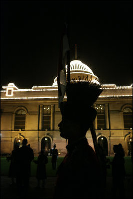 An honor guard stands outside Rashtrapati Bhavan, the presidential residence, in New Delhi, shortly after the arrival Thursday, March 2, 2006, of President George W. Bush and Laura Bush for the evening's State Dinner.