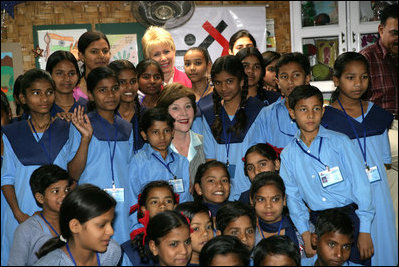 Laura Bush visits Prayas, a home for abused children in Tughlaqabad, New Delhi, India March 2, 2006.