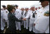 Mrs. Laura Bush shakes hands with sailors of the USS Texas submarine Saturday, September 9, 2006, prior to touring the ship and participating in a Commissioning Ceremony in Galveston, Texas.