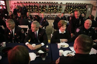 President George W. Bush and Laura Bush join emergency first responders for breakfast Monday morning, Sept. 11, 2006 at the Fort Pitt Firehouse in New York City, during remembrance ceremonies marking the fifth anniversary of the Sept. 11, 2001 attacks.