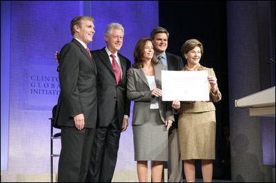 Mrs. Laura Bush announces a $60 million public-private partnership between the U.S. Government and the Case Foundation at President Bill Clinton's Annual Global Initiative Conference in New York Wednesday, September 20, 2006. With her, from left, are: Raymond Chambers, Chairman, MCJ and Amelier Foundations; former President Bill Clinton, and Jean Case and Steve Case, founders of the Case Foundation. The partnership will work to provide clean water by 2010 to up to 10 million people in sub-Sahara Africa, where a child dies every 15 seconds due to illnesses related to unsanitary drinking water.
