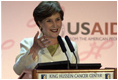 Mrs. Laura Bush delivers remarks regarding the U.S.-Middle East Partnership Initiative for Breast Cancer Awareness and Research after touring the King Hussein Medical Center Thursday, Oct. 25, 2007, in Amman, Jordan. "Over the next quarter-century, an estimated 25 million women around the world will be diagnosed with breast cancer," said Mrs. Bush. "People from every country must share their knowledge, resources and experience, because this disease affects women in every country."