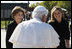 Mrs.Laura Bush and Jenna Bush greet Pope Benedict XVI on his arrival to Andrews Air Force Base, Md., Tuesday, April 15, 2008, the first stop of a six-day visit to the United States.