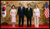 President George W. Bush and Mrs. Laura Bush are seen with South Korean President Lee Myung-bak and first lady Yoon-ok Kim during arrival ceremonies Wednesday, Aug. 6, 2008, at the Blue House presidential residence in Seoul, South Korea.