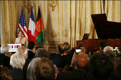 Mrs. Laura Bush delivers remarks during reception with United States - Afghan Donor's Conference Wednesday, June 11, 2008, at the Ambassador's Residence in Paris.