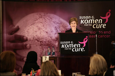 Mrs. Laura Bush delivers remarks at the Susan G. Komen for the Cure Global Initiative Luncheon Wednesday, March 12, 2008, at the U.S. Capitol in Washington, D.C. Mrs. Bush also talked about her upcoming trip to Mexico City where she will announce the U.S.-Mexico Partnership for Breast Cancer Awareness and Research.