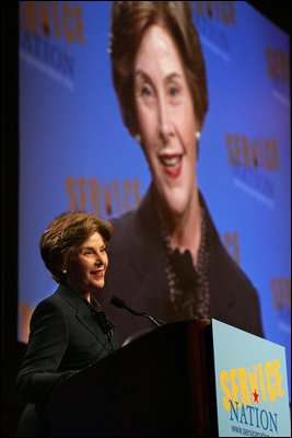 Mrs. Laura Bush speaks to the ServiceNation Summit at the Hilton New York Hotel Grand Ballroom in New York City on Sept. 12, 2008. Mrs. Bush cited President Bush's challenge to service and added that "Americans today have more opportunities to volunteer through government-supported national service programs."