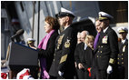 Mrs. Doro Bush Koch addresses her remarks and "brings the ship to life," prompting sailors to come aboard, during the commissioning ceremony of the USS George H. W. Bush (CVN 77) aircraft carrier Saturday, Jan 10, 2009 in Norfolk, Va., named in honor of her father, former President George H. W. Bush.