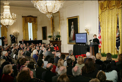 Mrs. Laura Bush addresses guests Tuesday, Feb. 26, 2008 in the East Room of the White House, during the launch of the National Endowment for the Humanities’ Picturing America initiative, to promote the teaching, study, and understanding of American history and culture in schools.