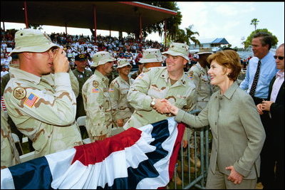 Laura Bush thanks the men and women of the United States Military and the National Guard and Reserves for their service to our Nation during her remarks in Winter Haven, Fla., Saturday, May 1, 2004 "You are the face of American compassion abroad. You will have a greater impact than you can ever imagine on people that you will only know for a brief time. But you have delivered the greatest gift they will ever know -- you've sacrificed your own comfort, your own safety, and your own lives so that others might know freedom."