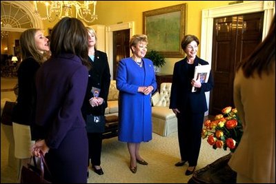 Laura Bush tours the residence with Mrs Ximena Iturralde de Sanchez de Lozada, wife of Bolivian President Gonzalo Sanchez de Lozada Bustamente, following a coffee in her honor Thursday, November 14, 2002. White House photo by Susan Sterner.