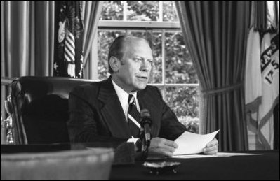President Gerald R. Ford, in a national address to the nation from the Oval Office, Sept. 8, 1974, announces his decision to pardon former President Richard M. Nixon.