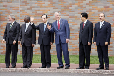 President George W. Bush participates in a photo opportunity with the major economic leaders of the G-8 Summit Wednesday, July 9, 2008, in Toyako, Japan. From left, President Luiz Inacio Lula da Silva of Brazil, President Thabo Mbeki of South Africa, Prime Minister Yasuo Fukuda of Japan, President Hu Jintao of China, and President Felipe Calderon of Mexico.