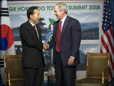 President George W. Bush shakes hands with Republic of Korea President Lee Myung-bak following their meeting at the G-8 Summit Wednesday, July 9, 2008, in Toyako, Japan.