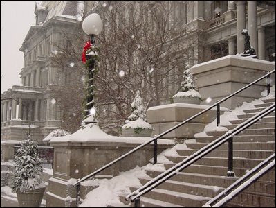 The EEOB east center pavilion steps (the Navy steps) in the first snowfall of December 2002. 