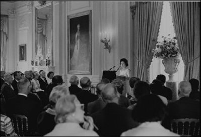 Former First Lady Lady Bird Johnson addresses an audience in the East Room of the White House June 4, 1964, in honor of receiving President John Adam’s silver coffee urn for the White House. LBJ Library Photo by Robert Knudse 