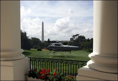 President George W. Bush and Laura Bush depart for New Hampshire and Michigan aboard Marine One from the South Lawn of the White House, Monday, August 30, 2004. 