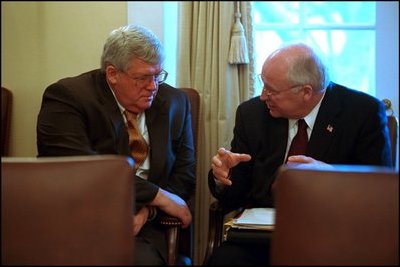 Vice President Cheney speaks with Speaker of the House Dennis Hastert in the Cabinet Room following a meeting about the military with members of Congress January 23, 2002.