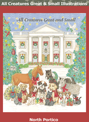 This illustration shows presidential pets on the North Lawn of the White House including horses, dogs, cats, a peacock and a ram.