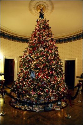 The Blue Room is where The White House Christmas Tree is displayed. This year the Fraser fir was presented by Jim and Diane Chapman of Wisconsin. The tree is decorated with ornaments passed through the Bush family and first displayed by Barabara Bush in 1989.