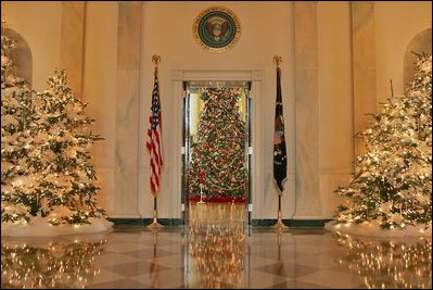 The 18-foot Noble fir is visible from the Cross Hall. This year's Official White House Christmas tree was donated by John and Carol Tillman from Rochester, Washington.