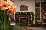 Amaryllis flowers take center stage and Boxwood Garland are draped over the mantle in the Library that is home to Georgia O’Keefe’s painting, “Bear La