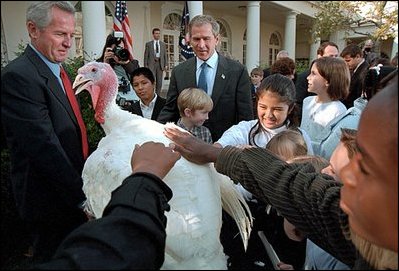 After pardoning a turkey from the Thanksgiving dinner table, President George W. Bush invites children to pet Liberty, the freed bird. "Through the generations, our country has known its share of hardships. And we've been through some tough times, some testing moments during the last months," said President Bush. "Yet, we've never lost sight of the blessings around us: the freedoms we enjoy, the people we love, and the many gifts of our prosperous land." 