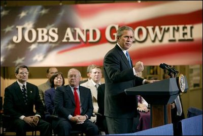 President George W. Bush discusses jobs and the economy at the Timken Company in Canton, Ohio, April 24, 2003. In the following month, the President signed the Jobs and Growth Tax Relief Reconciliation Act of 2003. .This law reflects a common sense economic principle: The best way to have more jobs is to help the people who create new jobs, and those are the small business owners of America,. said the President during the signing ceremony.
