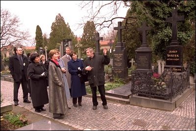 Laura Bush and her staff tour the historic cemetery of the Church of Saints Peter and Paul. The cemetery is known as the burial site of many prominent Czechs, such as the composer Dvorak, as well as the site for a notable collection of sculptural art. White House photo by Susan Sterner.