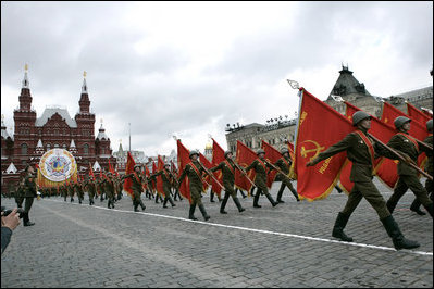 Russian solders march in a military procession commemorating the 60th anniversary of the end of World War II in Moscow's Red Square Monday, May 9, 2005.