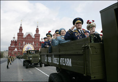 Veterans of Russia's military ride through Moscow's Red Square in a parade commemorating the end of World War II Monday, May 9, 2005.