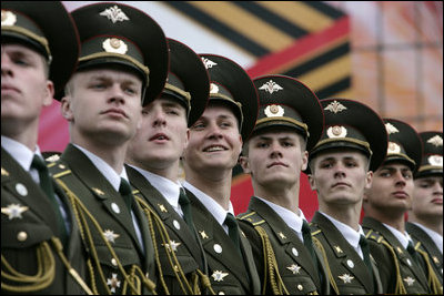 Russian soldiers march through Moscow's Red Square, Monday, May 9, 2005, during a parade commemorating the 60th Anniversary of the end of World War II.