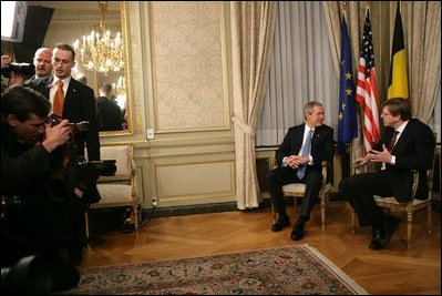 President George W. Bush meets with Prime Minister Guy Verhofstadt of Belgium in his office in Brussels, Belgium, Feb. 21, 2005.