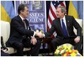 President George W. Bush hosts a bilateral meeting with Ukraine President Viktor Yushchenko in Brussels, Belgium, Tuesday, Feb. 22, 2005.