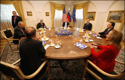 President George W. Bush attends a meeting with a delegation of European Union leaders, joined by National Security Advisor Steve Hadley, left, Tuesday, June 10, 2008 at Brdo Castle in Kranj, Slovenia. Joining President Bush from right are, Slovenia Prime Minister Janez Jansa; European Commission President Jose Manuel Barroso; Benita Ferrero-Waldner, commissioner for External Relations and European Neighborhood Policy; European Union Secretary General Javier Solana and Dimitrij Rupel, Slovenia Minister for Foreign Affairs.