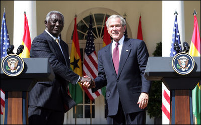 President George W. Bush shakes hands with President John Agyekum Kufuor of Ghana following a joint statement Monday, Sept. 15, 2008, in the Rose Garden of the White House.