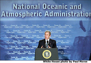  President George W. Bush speaks during a visit to the National Oceanic and Atmospheric Administration Feb. 14. "America and the world share this common goal: we must foster economic growth in ways that protect our environment," said the President as he announced new initiatives to foster economic growth while protecting the environment. White House photo by Paul Morse.