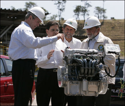 President George W. Bush and Brazil’s President Luiz Inacio Lula da Silva, right, participate in a demonstration of biofuel technology Friday, March 9, 2007, at the Petrobras Transporte S.A. Facility in Sao Paulo. White House photo by Paul Morse