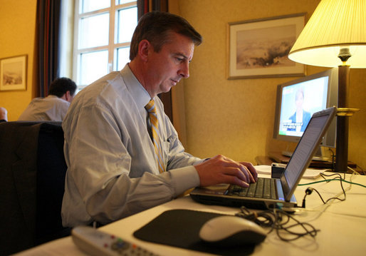 White House Counselor Ed Gillespie at work on the Mideast Trip Notes Thursday, Jan. 10, 2008, at the King David Hotel in Jerusalem. White House photo by Eric Draper